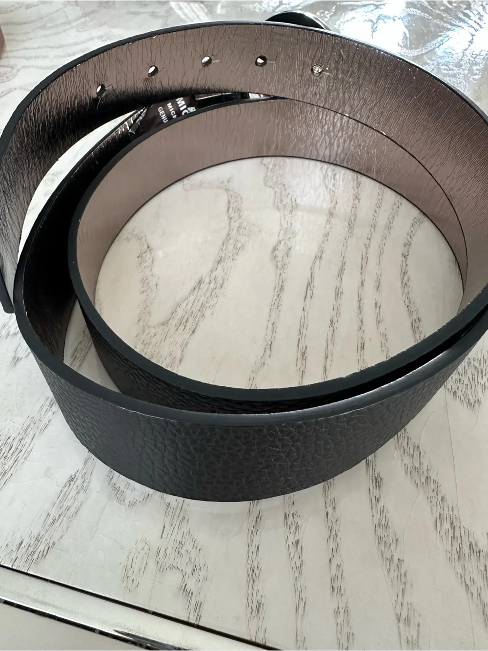 Michael Kors Reversible Black Leather Belt with Silver MK Circle Buckle